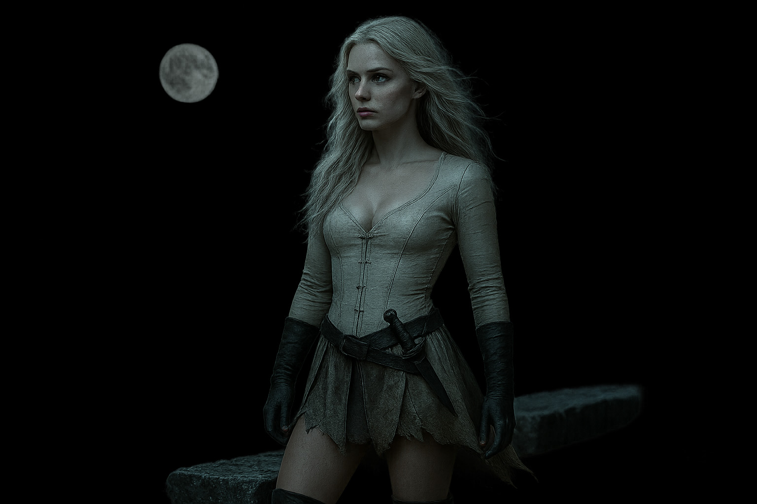 Ultra-realistic night portrait of a pale platinum-blonde rogue standing atop a stone rampart — transparent background (alpha PNG) • Appearance - Figure: slim, athletic, early-20s, porcelain-pale skin - Hair: long tousled platinum-blonde, wind-teased ends, cold moon-rim highlights - Eyes: charcoal eye-shadow smudged wide; gaze focused on the far horizon (slightly over camera's right shoulder) • Outfit - Skin-tight ivory leather bodice with deep plunging neckline showcasing cleavage, front lacing taut - Short, tattered leather skirt fluttering in night breeze, ragged hem mid-thigh - Simple black leather belt; small dagger sheath at right hip, one hand loosely resting on hilt - High black boots to the knee, weathered texture • Pose - Standing tall and straight on crenellation stones, weight on back foot, front foot slightly advanced - Left hand relaxed at side for balance, right hand fingertips brushing dagger hilt - Head turned three-quarters left, eyes fixed on distant moonlit valley • Lighting & atmosphere - Cold blue-steel moonlight rim-lighting hair, shoulders, skirt edges - Soft fill light to reveal facial detail; subtle cool shadowing on bodice seams - Hint of distant village lights blurred in bokeh (optional faint glow along lower edge of figure) • Camera & grade - ARRI Alexa 65, 35 mm lens, f/1.8, eye-level angle - Cool blue-steel cinematic grade, high micro-detail in leather grain and hair strands - 1536 x 1024 px (3:2 landscape) • Background & format - 100 % transparent background (alpha PNG); minimal soft halo for separation, no stones or scenery rendered behind • Style cues - 