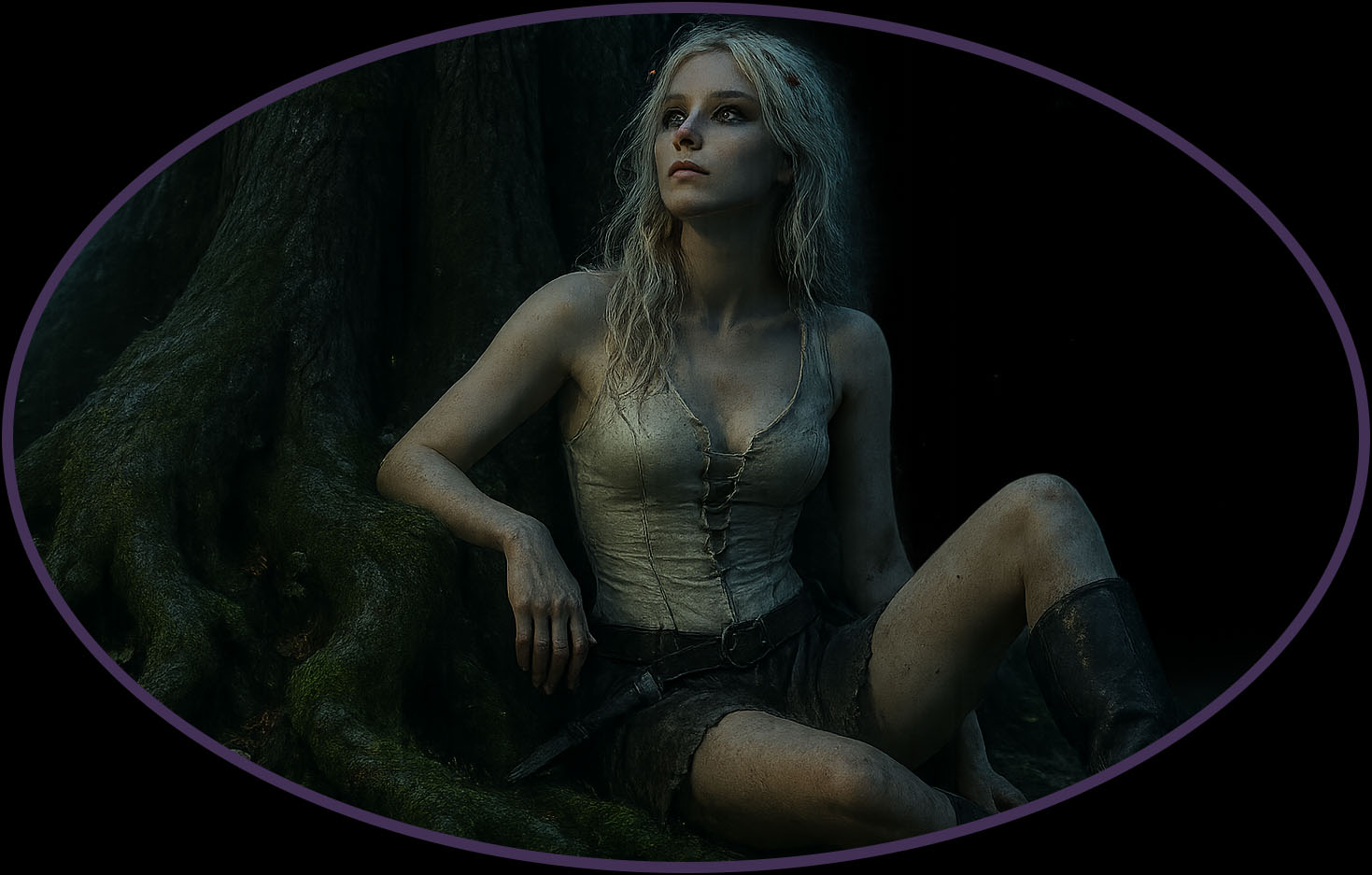 Ultra-realistic dusk portrait of the same pale platinum-blonde rogue now seated at the roots of a colossal ancient tree in a moon-lit forest — transparent background (alpha PNG) • Appearance - Figure: slim, athletic, early-20s, porcelain-pale skin - Hair: long, tousled platinum-blonde, a few strands tangled with fallen leaves; cool moon highlights on top layers - Eyes: charcoal eye-shadow smudged wide; gaze softened, looking slightly upward toward glowing canopy gaps • Outfit - Skin-tight ivory leather bodice with deep plunging neckline, front lacing taut - Short, tattered leather skirt draped over one thigh, ragged hem visible beneath folded legs - Simple black leather belt, dagger still sheathed at right hip - Weathered knee-high black boots, toe of left boot digging into mossy earth • Pose - Sitting sideways on thick gnarled root, right leg bent, left leg extended along root curve - Left hand resting flat on moss for balance, right forearm draped casually across raised knee, fingers brushing dagger hilt - Head tilted back slightly, eyes tracing shafts of moonlight filtering through leaves • Environment & atmosphere - Massive oak or yew trunk behind, bark textures rendered in high detail; curling roots carpeted with emerald moss and pale mushrooms - Shafts of cold blue-white moonlight slice through dense foliage, creating dappled patterns on bodice and boots - Soft fireflies and faint forest fog for depth; distant silhouettes of twisted trees fade into mist • Camera & grade - ARRI Alexa 65, 45 mm lens, f/1.8, low seated angle to emphasize scale of tree - Cool blue-steel cinematic grade, subtle warm bounce from bioluminescent fungi; high micro-texture on leather, moss, and bark - 1536 × 1024 px (3:2 landscape) • Background & format - 100 % transparent background (alpha PNG); character and tree roots fully rendered, outer foliage softly vignetted for easy compositing • Style cues - 